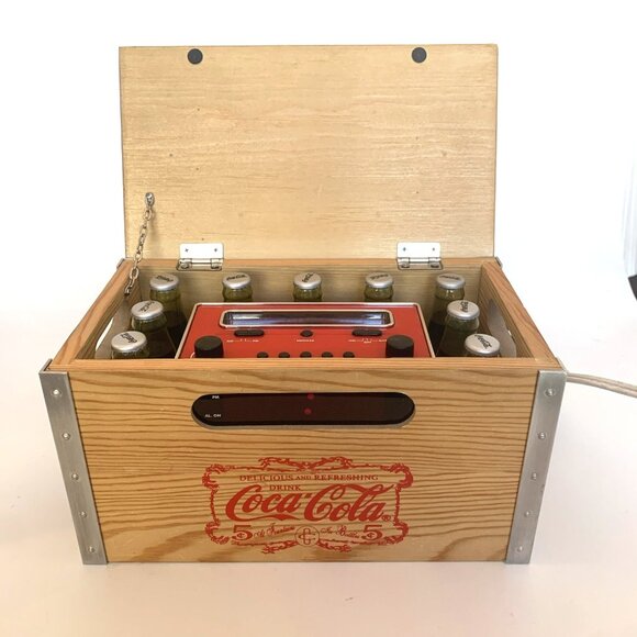 Coca-Cola Other - Coca Cola Crate AM FM Alarm Clock Radio Wood 2002 9 Bottles Digital Display Vtg
